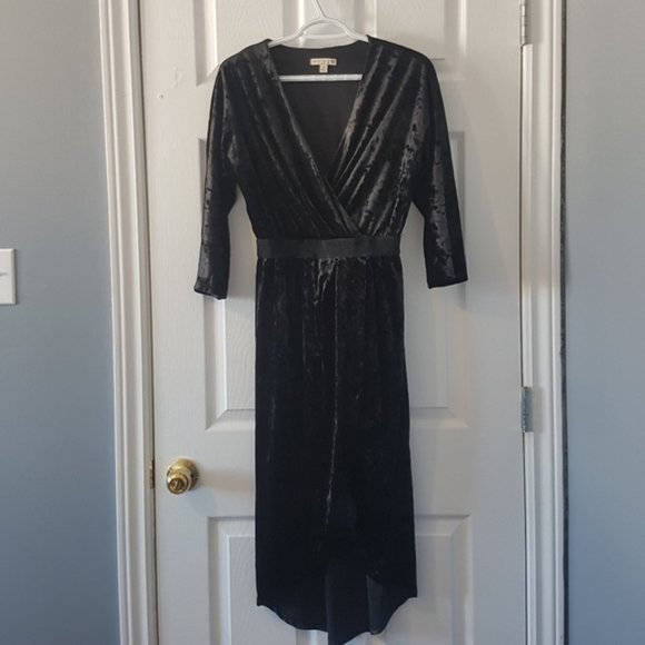 Black crushed velvet vintage midi surplice v-neck 90s dress XS-S - Picture 2 of 8